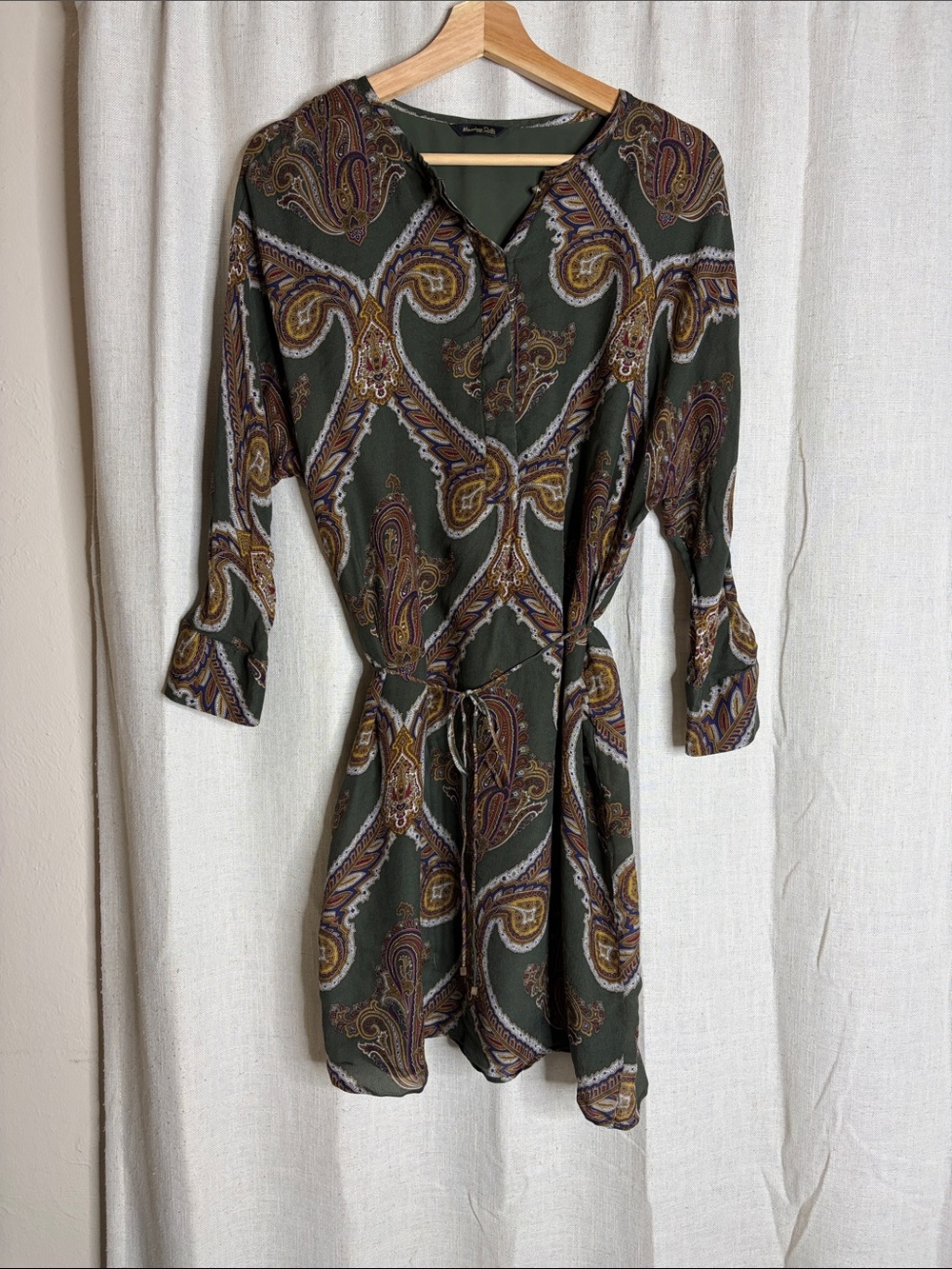 Massimo Dutti Olive Paisley Tie-Waist Long-Sleeve Dress